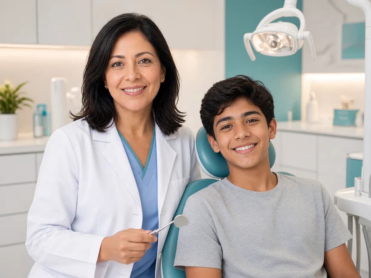 Dentist in a white coat with a smiling teenage patient after a routine checkup
