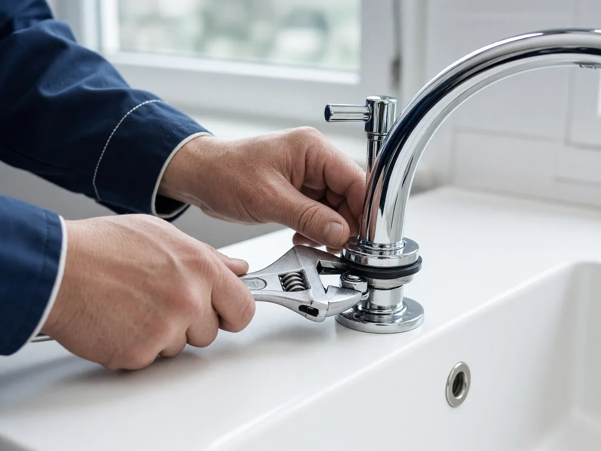 Hands fitting a new chrome kitchen faucet with a wrench