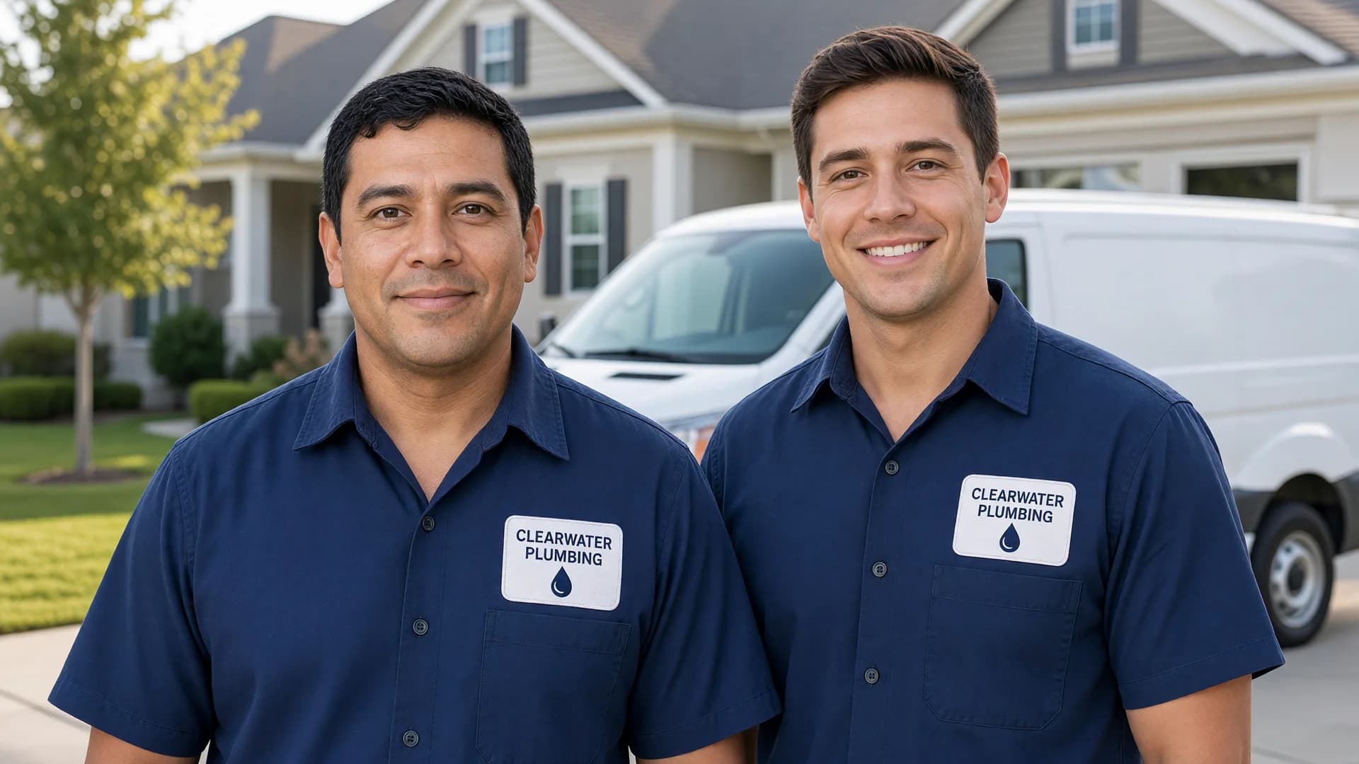 Master plumber Carlos Rivera and technician Sam Delgado beside their service van in a Canyon Lake driveway