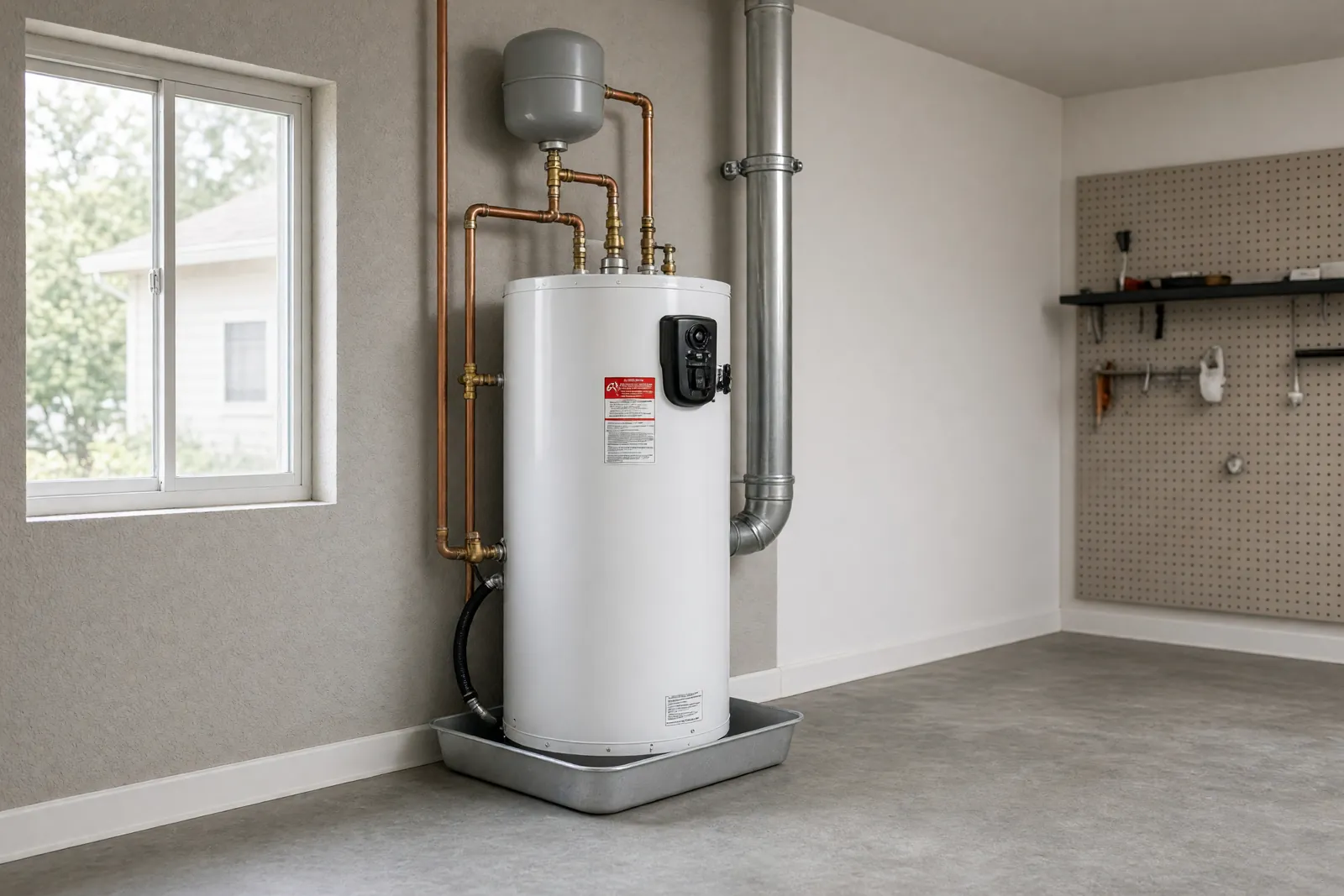 A newly installed tank water heater with an expansion tank and copper lines in a garage