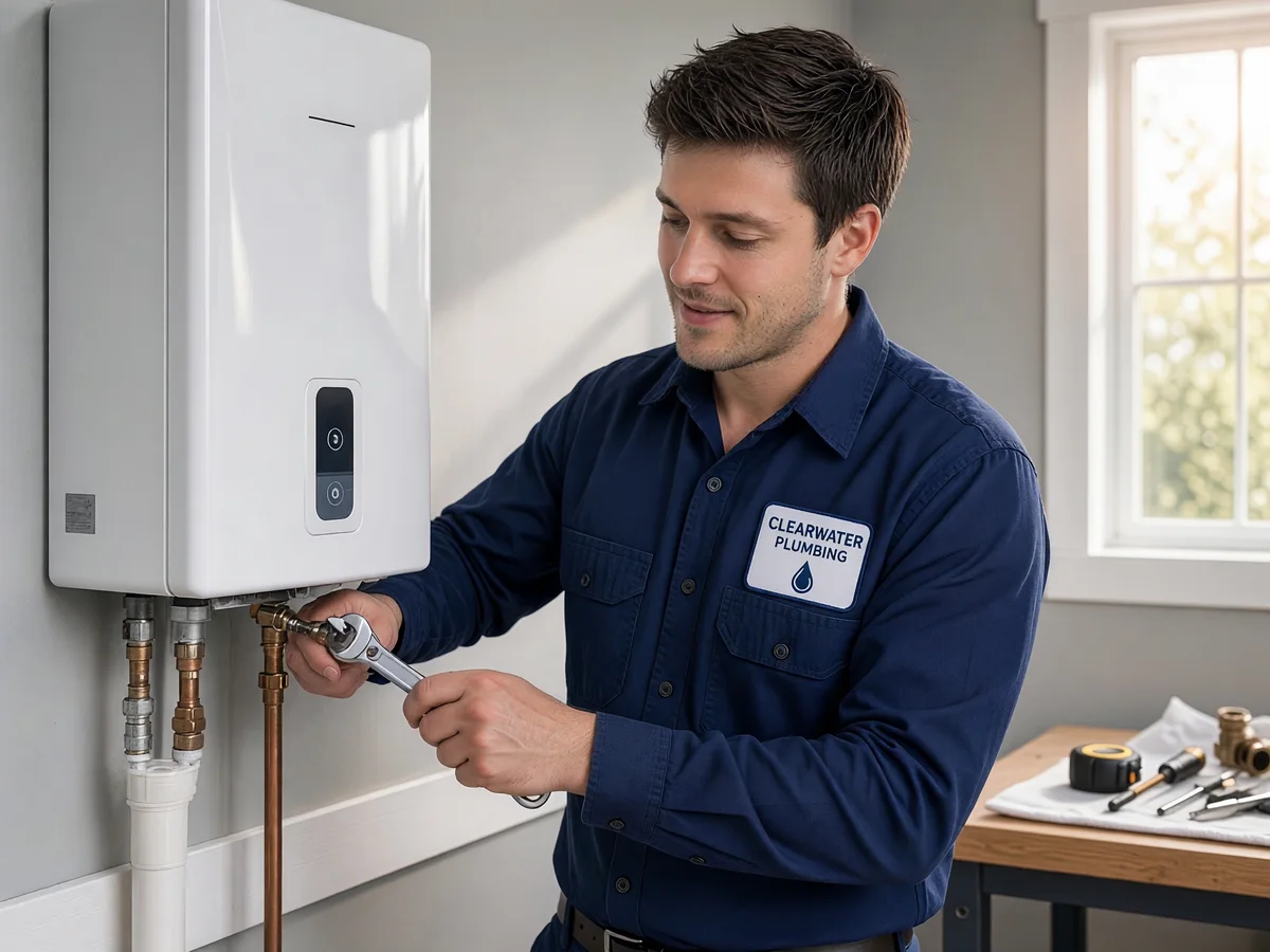 Technician Sam Delgado installing a tankless water heater on a garage wall