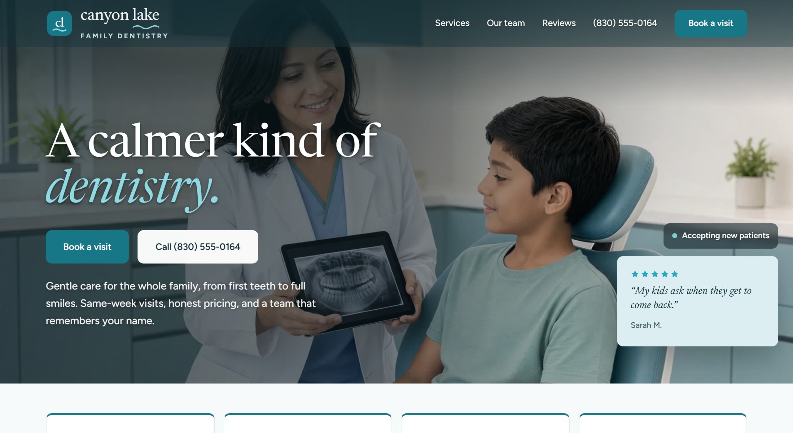 Canyon Lake Family Dentistry homepage, a dental practice demo website