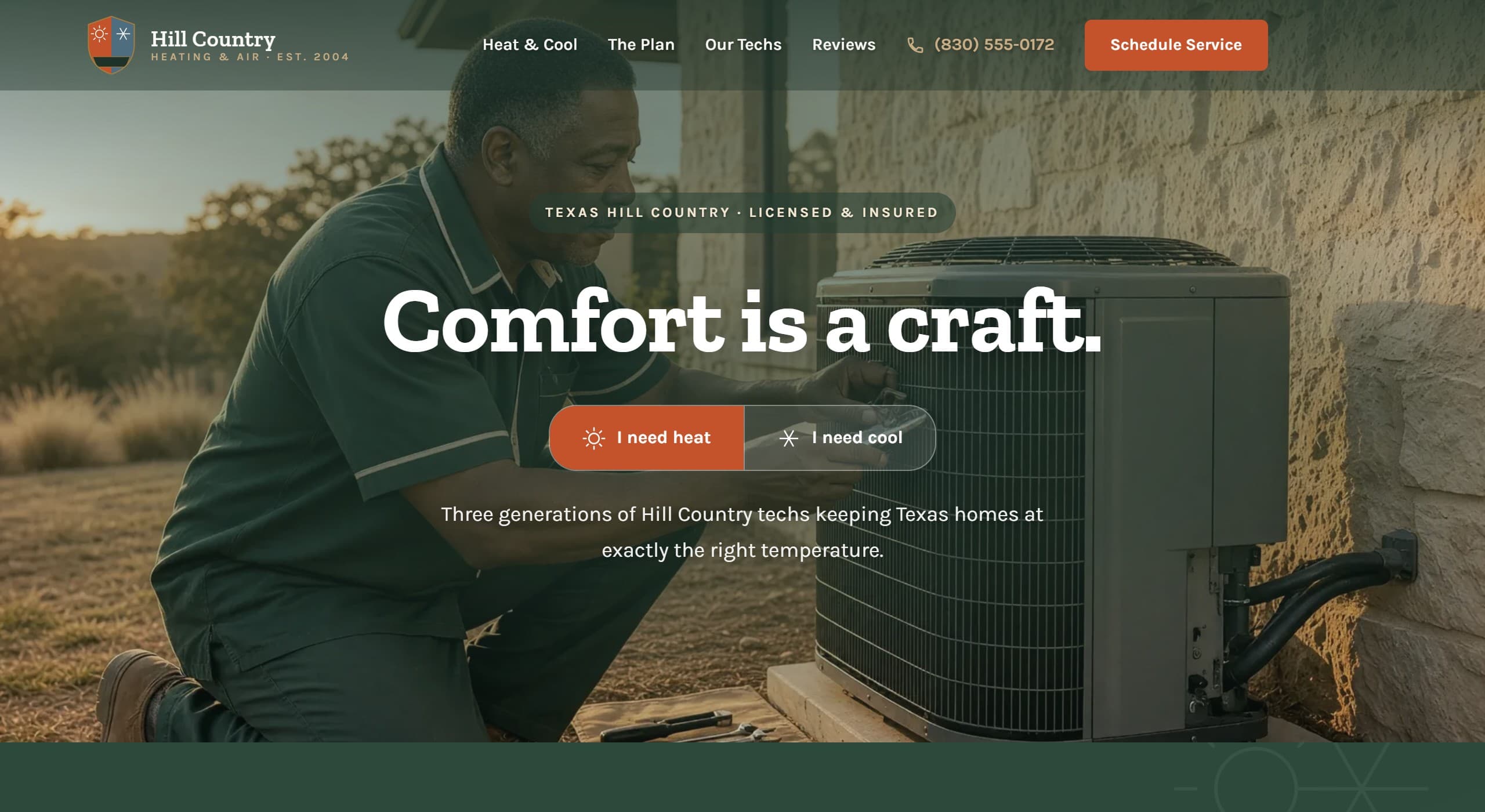 Hill Country Heating & Air homepage, a hvac company demo website