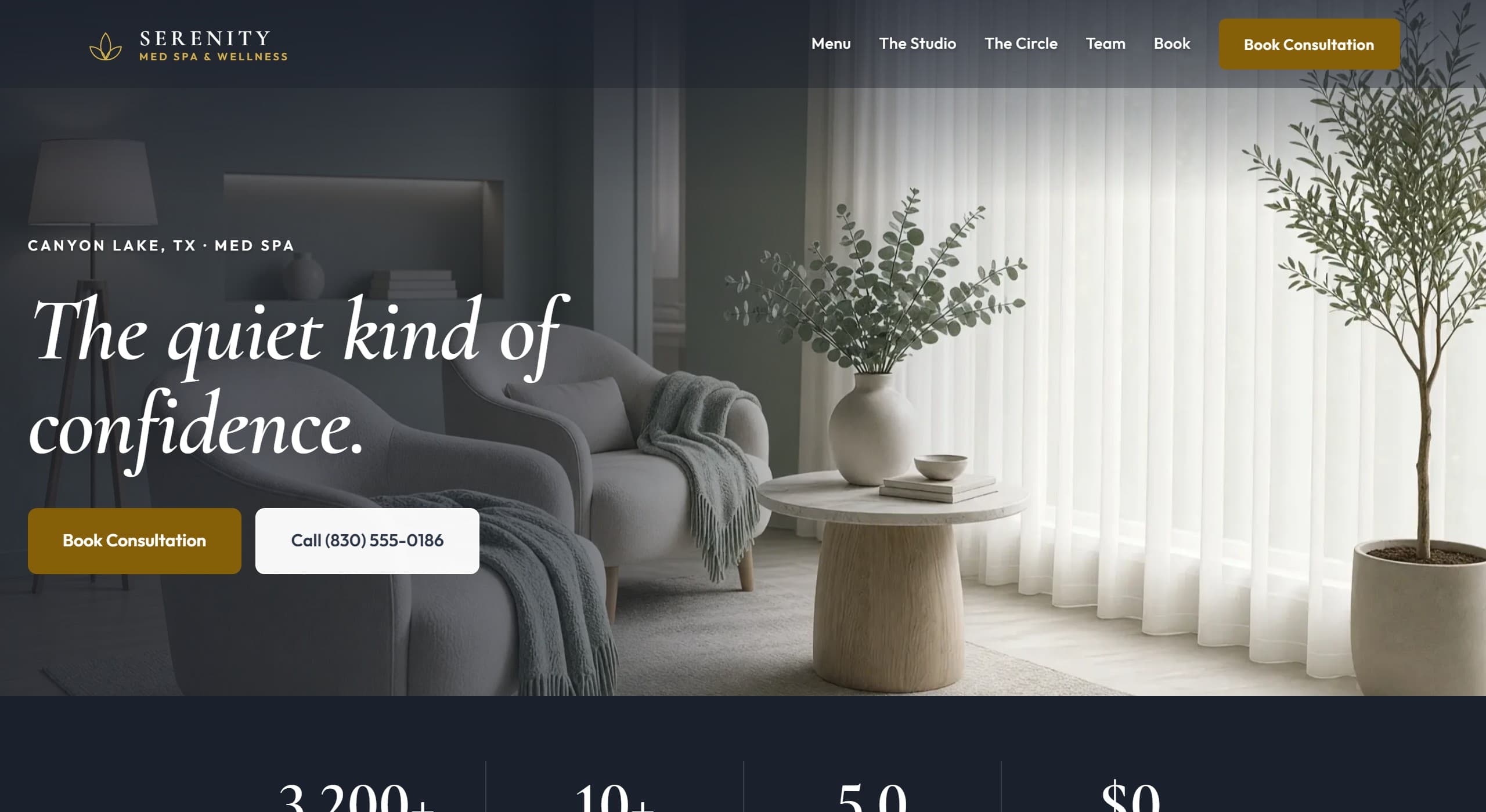 Serenity Med Spa homepage, a med spa demo website