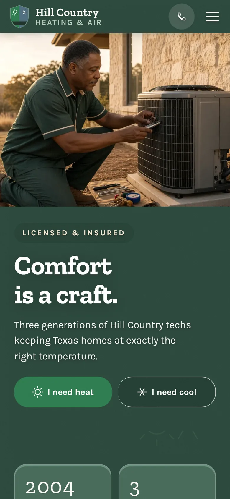 Hill Country Heating & Air demo website on a phone