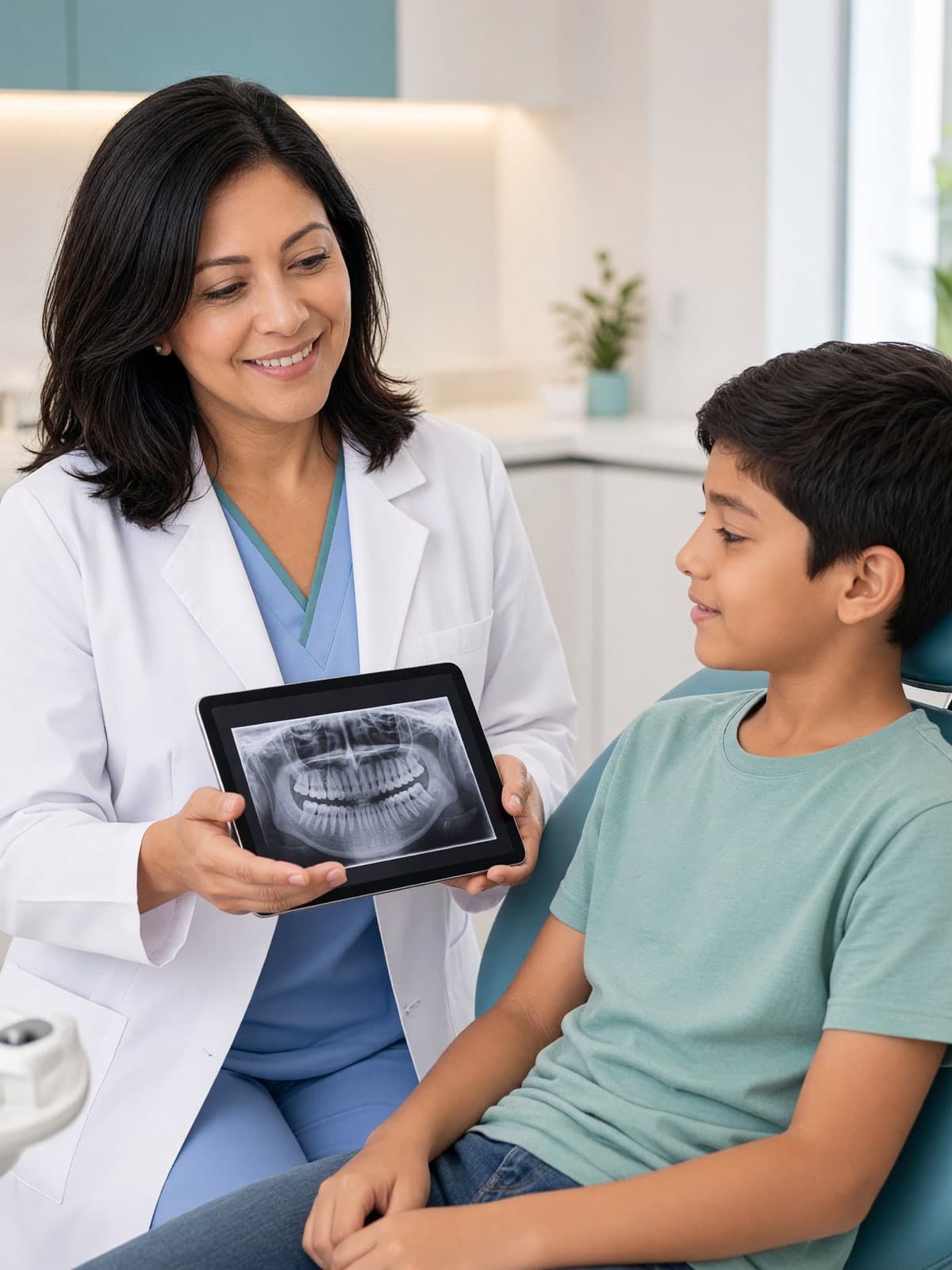 Dentist in a white coat chairside with a young patient, walking him through his x-ray on a tablet