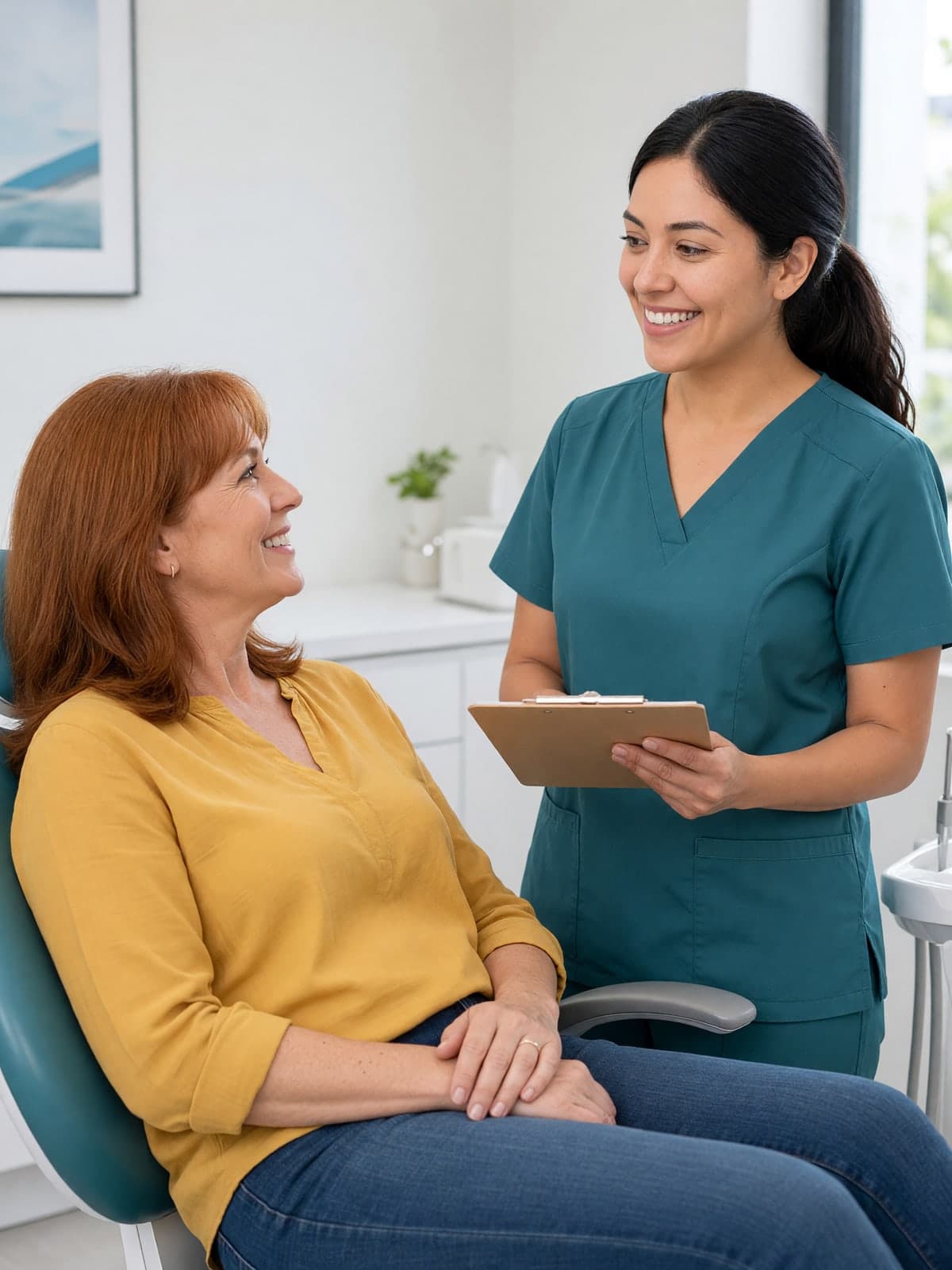 Dentist in a white coat warmly welcoming a mother and daughter at the front desk