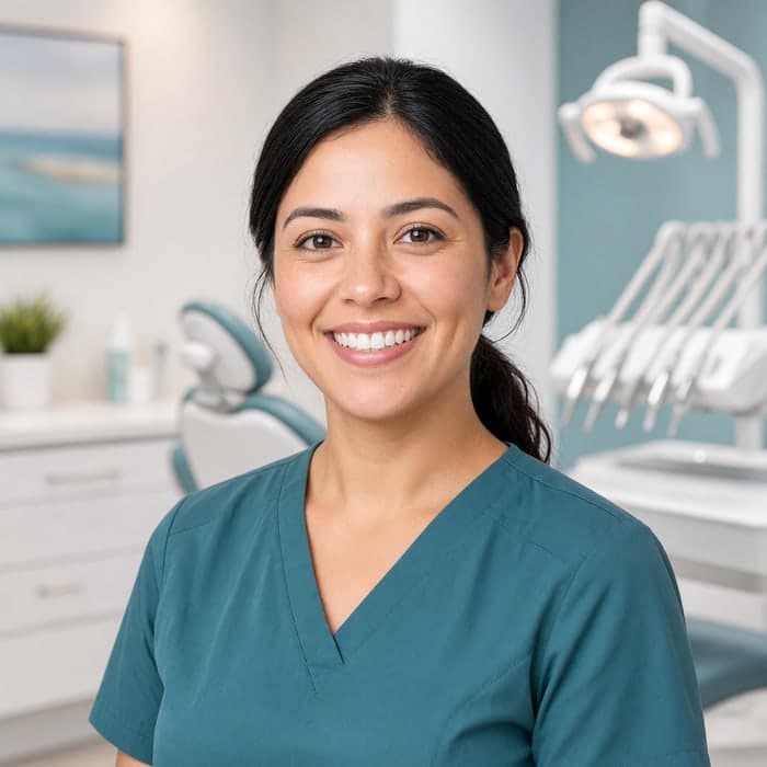 Portrait of Maria Solis, RDH, a hygienist in teal scrubs in a bright operatory at Canyon Lake Family Dentistry (sample photo)