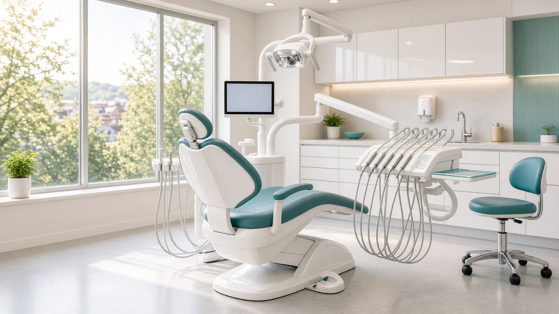 Bright, modern dental operatory with the chair centered in morning window light