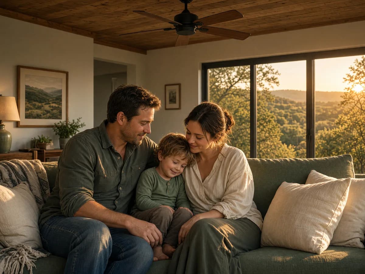 A family relaxing in a cool, comfortable living room