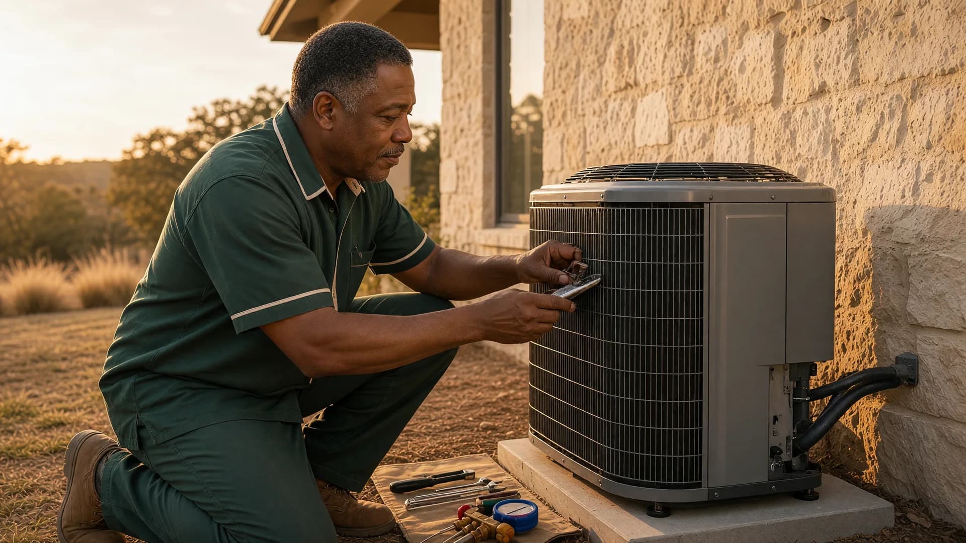 A Hill Country Heating & Air technician installing an outdoor AC condenser at a Texas Hill Country home