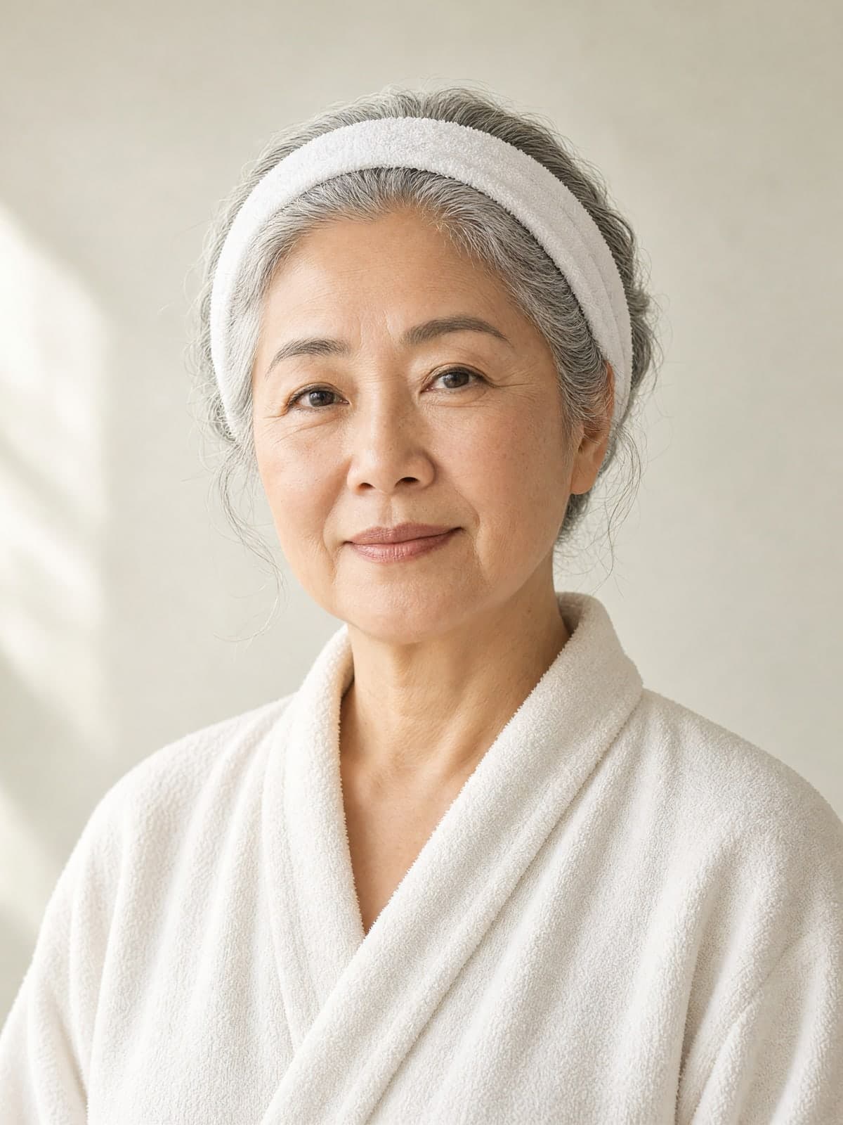 A guest wrapped in a spa towel, calm and unhurried during her visit