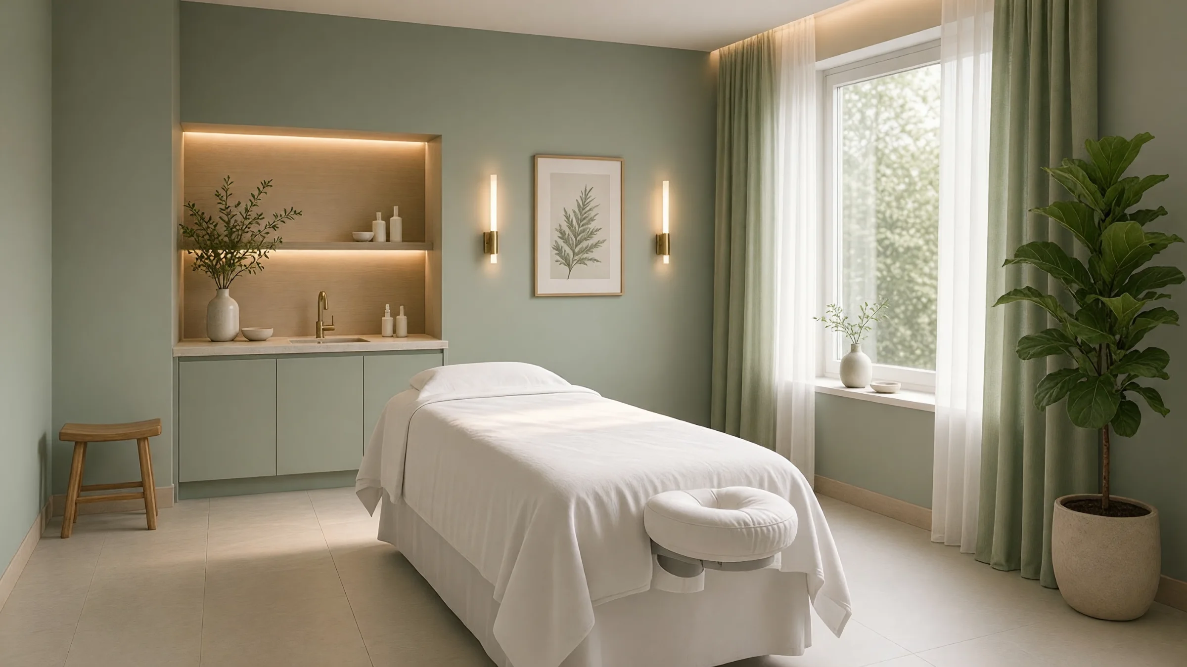 A Serenity treatment room, soft light across white linens