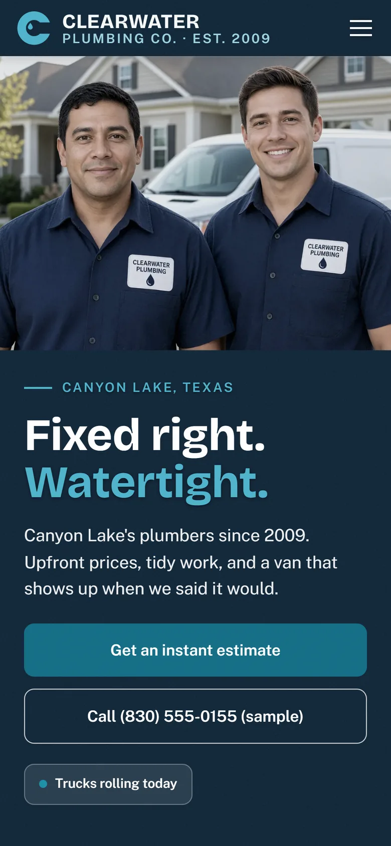 The plumbing demo site as it looks on a phone